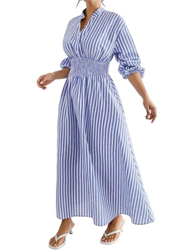 utcoco Damen Strandkleid Boho Gestreift Gesmokte Taille Maxikleid Langarm A-Linie Swing Lange Kleider, Blau, Groß von utcoco