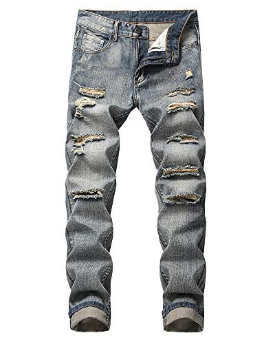 utcoco Herren Slim Fit Mid Waist Straight Leg Ripped Distressed Holes Classic Denim Patches Jeans, Vintage, 48 von utcoco