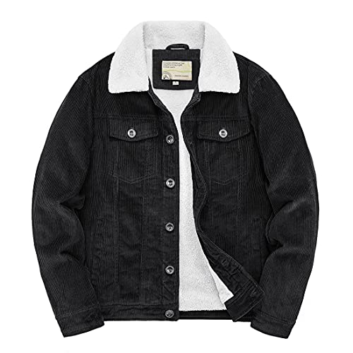 utcoco Herren Vintage Fleece Sherpa Gefüttert Cord Denim Trucker Jacken Revers Button Down Verdickte Wintermäntel, schwarz, Large von utcoco