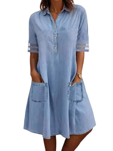 utcoco Jeanskleid für Damen 2025, lässig, Tüll, kurze Ärmel, Knopfleiste, Jeanskleid mit Taschen, Hell, blau, Groß von utcoco