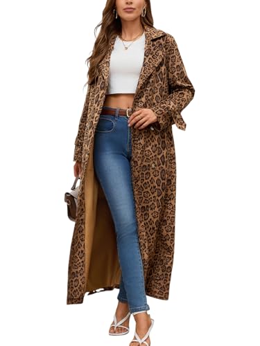 utcoco Langer Damen-Trenchcoat aus Wildlederimitat, gekerbtes Revers, zweireihig, mit Gürtel, Leopard, X-Small von utcoco