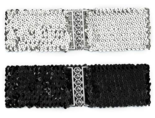 sourcing map Damen Pailletten Dekor Metall Ineinandergreifende Schnallen Elastischer Taillengürtel Schwarz & Silber Passform Taillenumfang: 19,68"/50cm bis 29,52"/75cm von uxcell