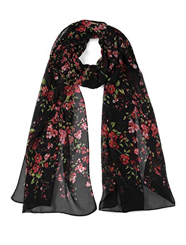 sourcing map Lang Chiffon Strandschal Seidenschals Blumenschals Halstuch für Frauen Black 63"x20" von uxcell