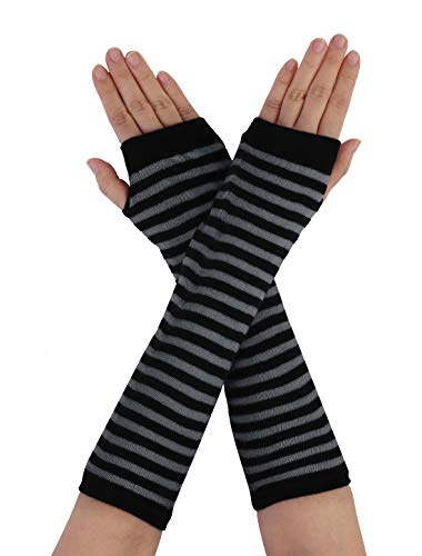 uxcell Damen Gestrickte Fingerlose Daumenloch Ellenbogenlange Handschuhe mit Streifenmuster 1 Paar Schwarzgrau One Size von uxcell