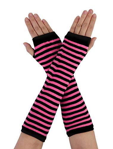 uxcell Damen Gestrickte Fingerlose Daumenloch Ellenbogenlange Handschuhe mit Streifenmuster 1 Paar Schwarz mit Pink One Size von uxcell