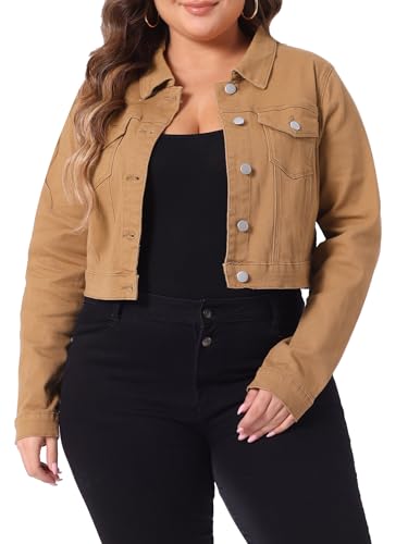 uxcell Damen-Jeansjacke in Übergröße, Knopfverschluss, kurze Passform, Nähte 2024, Braun, 4X von uxcell