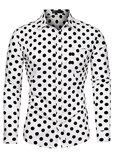 uxcell Herren Hemden Polka Dots Langarm Slim Fit Bedrucktes Kleid Button Down Hemd, weiß / schwarz, Groß von uxcell