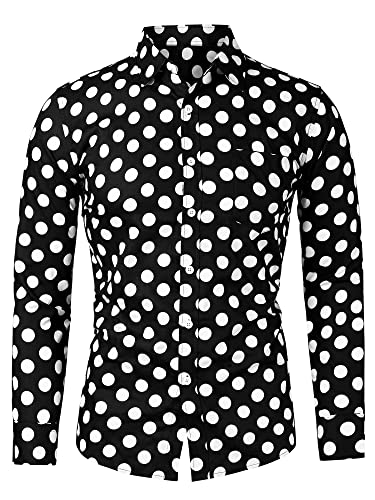 uxcell Herrenhemden Polka Dots Langarm Slim Fit Bedrucktes Kleid Button Down Shirt, Schwarz Weiß, L von uxcell