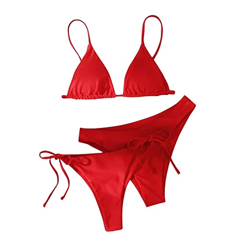 Bikini Brazilian Style Zweiteiler Damen Sommer Mädchen Bikinis Push Up Sport Curvy Perioden Bademode mit String Tanga Badeanzug Swimwear Neckholder Top Badehose (Rot,S) von uxxnjfg