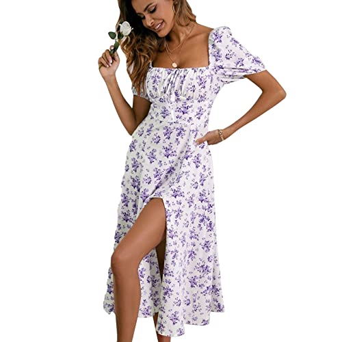 Blumenkleid Damen, Sommerkleid Damen Boho Elegant Sommerkleid Lang Baumwolle Blumen Freizeitkleider Leicht Und Luftig Wickelkleid Große Größen Summer Dresses for Women Damenkleider Kurzarm Lila S von uxxnjfg