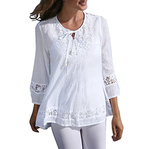 Blusen Damen Sommer Oberteile 3/4 Ärmel Kawaii Baumwolle-Leinen Mit Spitze Schleife Bluse Festliche Regular Outdoor Kleidung Für Damen Arbeit Tunika Damen Kleidung Weiss XL von uxxnjfg