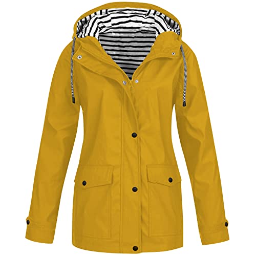 Generic Regenjacke Damen Wasserdicht Atmungsaktive Wärmer Windbreaker Jacke mit Kapuze Lange Oversize Übergrößen Casual Outdoorjacke Wandern Arbeit Herbst Zip Up Regenparka Gelb 5XL von uxxnjfg