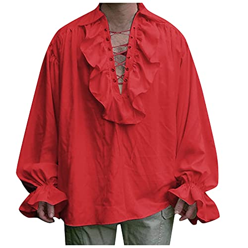 Halloween Hemd Herren Langarm Gothic Oberteil Kostüm Männer Erwachsene Mittelalter Kleidung Piratenkostüm Lustig Horror Kostüm Piraten Fasching Karneval Kostüm Angebote des Tages Heute Rot 5XL von uxxnjfg