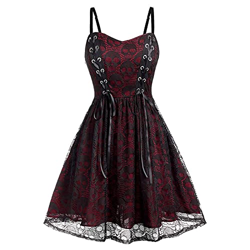 Halloween Kostüm Damen Gruselig Gothic Kleid Elfen Fee Lolita Mit Spitze Ärmellos Kleidung Fasching Renaissance Steampunk Tag Der Toten Kostüm Trachten Mittelalter Festliches Outfit Rot L von uxxnjfg