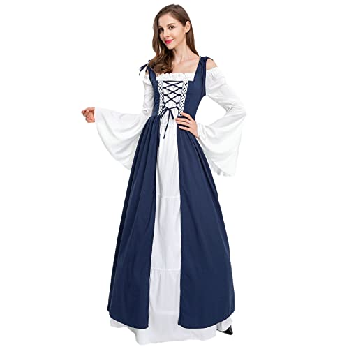 Halloween Kostüm Damen Gruselig Trachtenrock Hexe Elfen Königin Glockenärmel Victorian Gothic Barock Fasching Kostüme Böse Relaxo Mittelalter Kleid Festliche Kleidung Damen Dunkelblau L von uxxnjfg