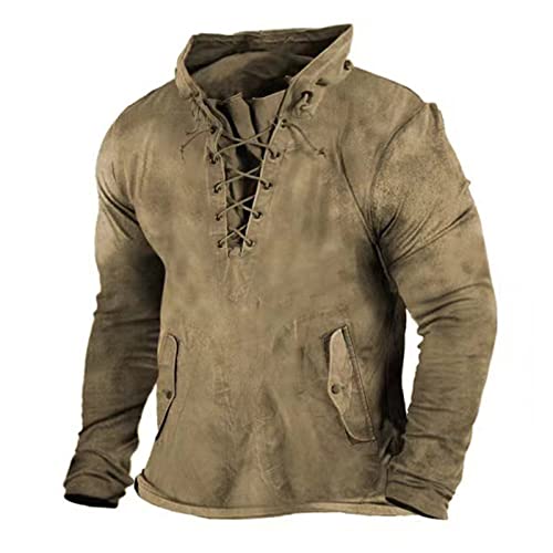 Herren Vintage Steampunk Shirt Vintage Mittelalter Kleidung Dämon Wikinger Victorian Langarm Kleidung Halloween Kostüm Herren Horror Große Größen Kleid Rave Fasching Festival Outfit Khaki XL von uxxnjfg