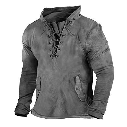 Herren Vintage Steampunk Shirt Vintage Mittelalter Kleidung Victorian Dämon Renaissance Langarm Kleidung Kostüm Halloween Herren Trachten Horror Kleid Festival Fasching Rave Outfit Grau S von uxxnjfg