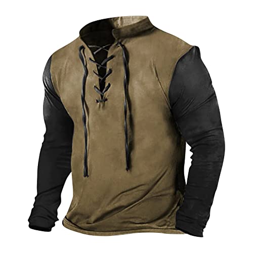 Herren Vintage Steampunk Shirt Vintage Mittelalter Kostüm Vampir Pirat Victorian Langarm Kostüm Halloween Kostüm Herren Horror Übergröße Kleidung Festival Fasching Rave Outfit Khaki 3XL von uxxnjfg