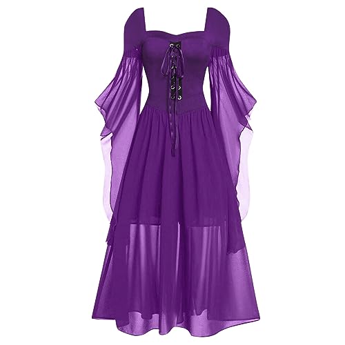 Kostüm Halloween Damen Fee Vampir Mit Spitze Fledermaus-Ärmel Kleid Renaissance Steampunk Barock Kostüm Lustige Übergröße Böse Mittelalter Kleidung Festliches Outfit Damen Lila XL von uxxnjfg