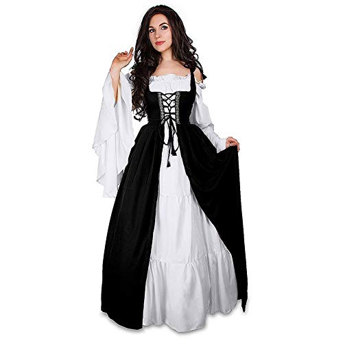 Kostüm Halloween Damen Renaissance Kleid Lang Retro Zweiteiliges Set Glockenärmel Kleider Barock Steampunk Gothic Trachten Lustige Gruselig Mittelalter Kleid Damen Schwarz 5XL von uxxnjfg