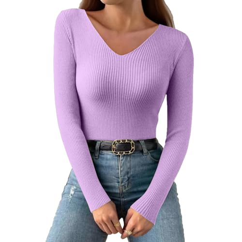 Langarmshirt Damen Baumwolle Freizeit Pullover Für Damen Winter Elegant Longsleeve T-Shirts V Ausschnitt Frühling Lässig Strickpullover Damenpullover Tunika Long Sleeve Shirt Women(Lila,L) von uxxnjfg