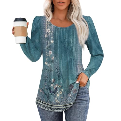 Langarmshirt Damen Baumwolle Frühling Pullover Damen Winter Elegant Longsleeve Oberteile Rundhals Oversize Freizeit Sweatshirts Thermoshirt T-Shirts Long Sleeve Shirt Women(Cyan,XXL) von uxxnjfg