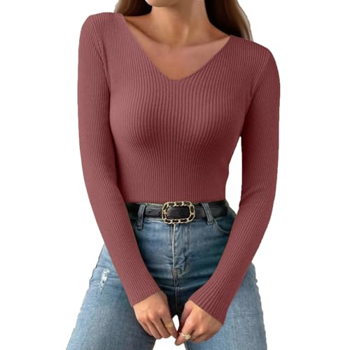Langarmshirt Damen Elegant Freizeit Pullover Für Damen Winter Baumwolle Longsleeve Oberteile V Ausschnitt Frühling Sweatshirts Strickpullover T-Shirts Long Sleeve Shirt Women(Wassermelone rot,S) von uxxnjfg