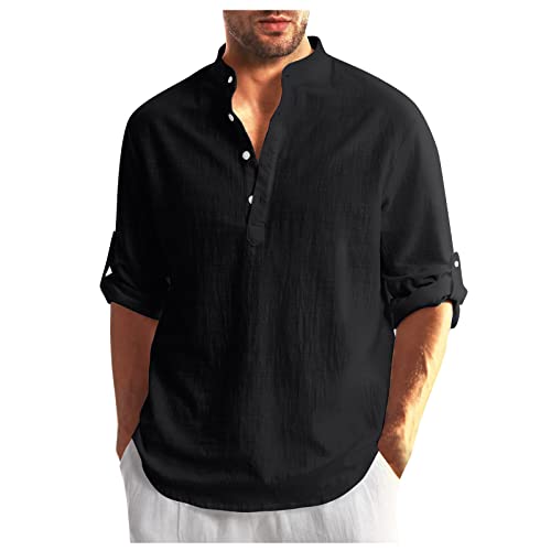 Leinenhemd Herren Langarm Shirt Sommer Slim Fit T-Shirt Leinenkleid Regular Outdoor Freizeit Langarmshirt Islamische Kleidung Kurzarmshirt Lässiger Sweatshirt Schwarz L von uxxnjfg