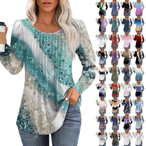 Longsleeve Damen Baumwolle Rundhals Langarmshirt Damen Pullover Winter Elegant Freizeit Große Größen Strickpullover T-Shirts Locker Damenpullover Pulli Long Sleeve Shirt Women(Türkis,XL) von uxxnjfg