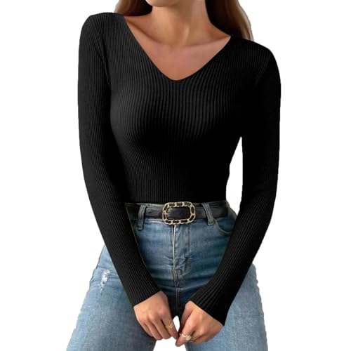 Longsleeve Damen Baumwolle V Ausschnitt Langarmshirt Pullover Für Damen Winter Elegant Locker Frühling Sweatshirts Tunika Oversize Strickpullover T-Shirts Long Sleeve Shirt Women(Schwarz,L) von uxxnjfg