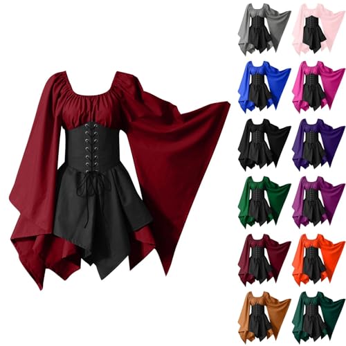 Mittelalter Kleidung Damen Horror Gothic Kleid - Halloween Kostüm Frauen Gruselig Elegante Vampir Kostüm Korsett Renaissance Witch Costume Vampirkleider Feenkleid Festliche Kleider(Tief rot,S) von uxxnjfg