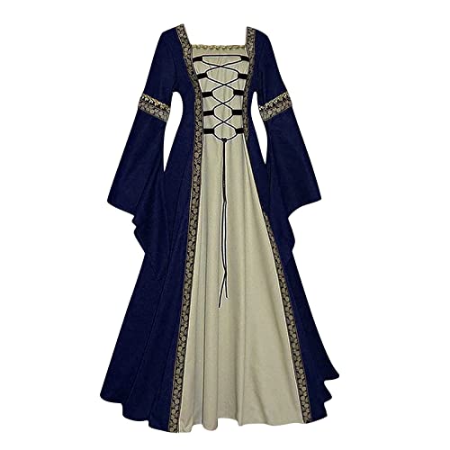 Mittelalter Kleidung Damen Retro Kleid Lang Elfen Wikinger Glockenärmel Kleider Gothic Victorian Renaissance Märchen Lustige Übergröße Mittelalter Kleid Festliches Outfit Dunkelblau XL von uxxnjfg