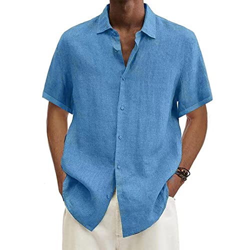 Shirt Herre Leinenhemd Kurzarm Poloshirt Sommer Slim Fit Freizeit Günstig Kleider Modern Basic Business Hemd Blumen Kleidung Clothes Outfits Hellblau 3XL von uxxnjfg