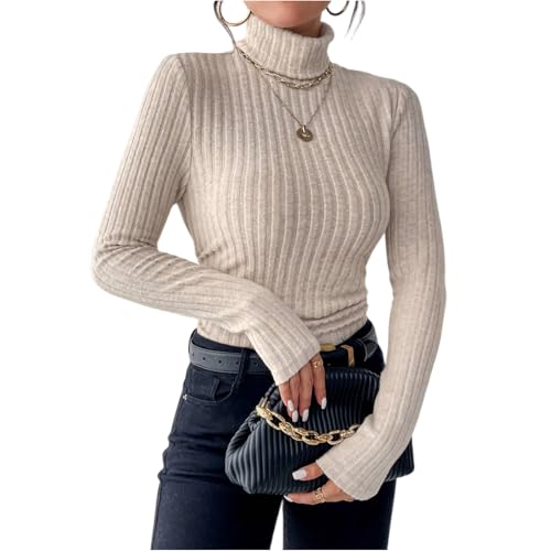 Shirt Langarm Damen Elegant Rollkragenpullover Langarmshirt Pullover Für Damen Winter Baumwolle Oversize Lässig Sweatshirts Tunika Locker Damenpullover Pulli Long Sleeve Shirt Women(Beige,XL) von uxxnjfg