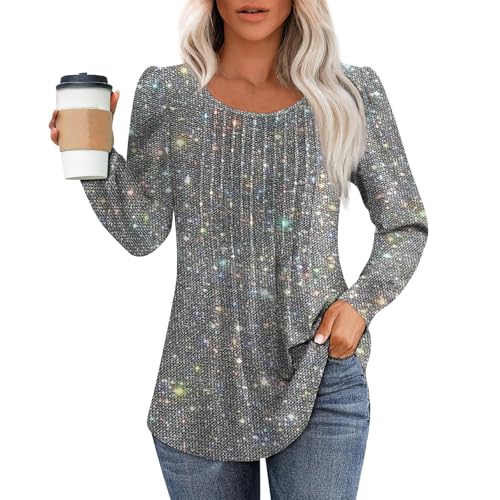 Shirt Langarm Damen Elegant Rundhals Langarmshirt Pullover Damen Winter Baumwolle Frühling Freizeit Sweatshirts Tunika Locker Damenpullover Pulli Long Sleeve Shirt Women(Silber,3XL) von uxxnjfg