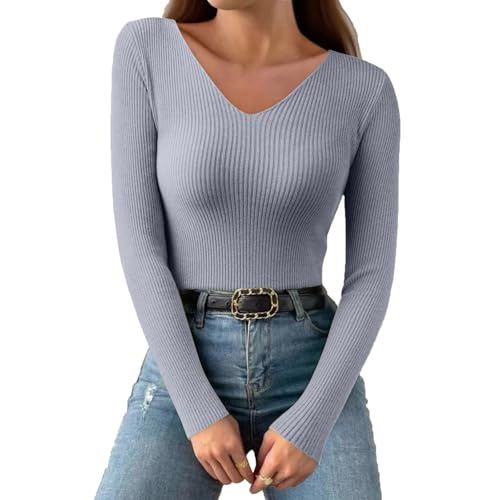 Shirt Langarm Damen Elegant V Ausschnitt Langarmshirt Damen Pullover Winter Baumwolle Große Größen Oversize Damenpullover Oberteile Locker Thermoshirt Pulli Long Sleeve Shirt Women(Grau,S) von uxxnjfg