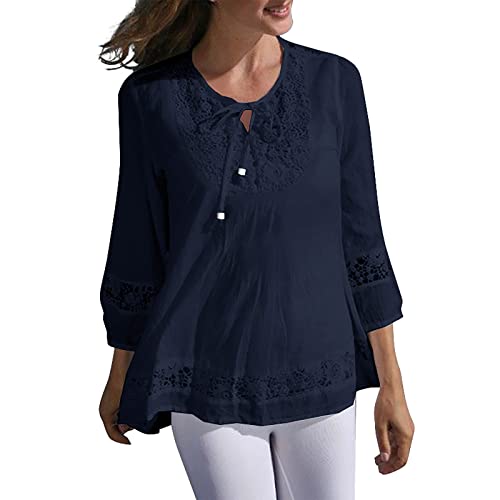 Sommerkleid Damen Modern Sommer Elegant Tops 3/4 Ärmel Kawaii Baumwolle-Leinen Mit Spitze Schleife Tunika Sportlich Regular Business Kleidung Für Damen Arbeit Oberteile Kleidung Marine XL von uxxnjfg