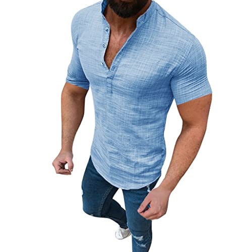 T Shirts Männer Leinen Sweatshirt Henley Kurzarm T Shirts Slim Fit Freizeit Sommer Günstig Kleider Vintage Regular Basic T-Shirt Kleidung Clothes Outfits Blau L von uxxnjfg