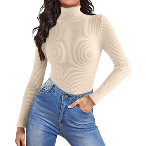 Tops Für Damen Elegant Rollkragenpullover Langarmshirt Damen Pullover Winter Baumwolle Große Größen Oversize Strickpullover Pulli Freizeit Damenpullover Oberteile Long Sleeve Shirt Women(Beige,M) von uxxnjfg