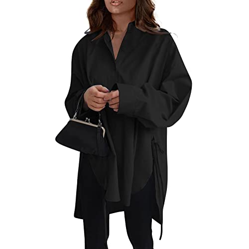 Tunika Damen Modern Locker Elegante Langarm Oberteile Große Größen Unifarbene Oversize Shirt Musselin Leichte Basic Halloween Hawaii Sommer Oberteile Herbst Bekleidung Damen Schwarz 5XL von uxxnjfg