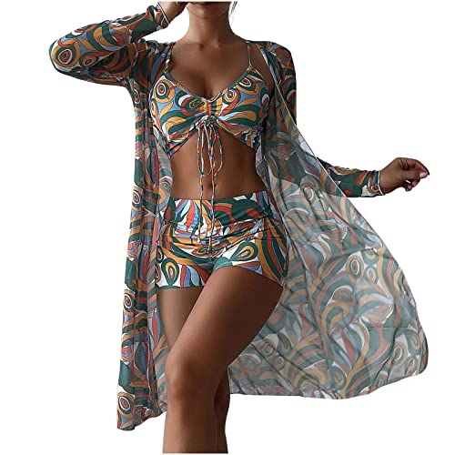 uxxnjfg Bikini Damen Push Up 3 Teilig High Waist Zweiteiler Damen Tankini Strandmode Sommer Elegant Bademode Sport Fitness Shape Badeanzüge Für Damen Figurformend Effekt Damen Kleidung Dunkelgrün XL von uxxnjfg