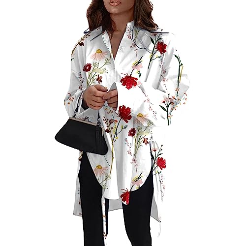uxxnjfg Bluse Damen Locker Langarm Tunika Blumen Bluse Bunt Mode Longshirt Strand Musselin Oversize Christmas Hawaii Sommer Oberteile Herbst Bekleidung Damen Rot M von uxxnjfg