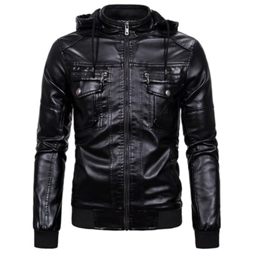 uxxnjfg Bomberjacke Herren Leder Motorradjacke Echtleder Winter mit Kapuze Bikerjacke 80er Jahre Outfit Herren Motorrad Mode College Jacken Herbst Outdoor Mens Jacket Kurzmantel Schwarz M von uxxnjfg