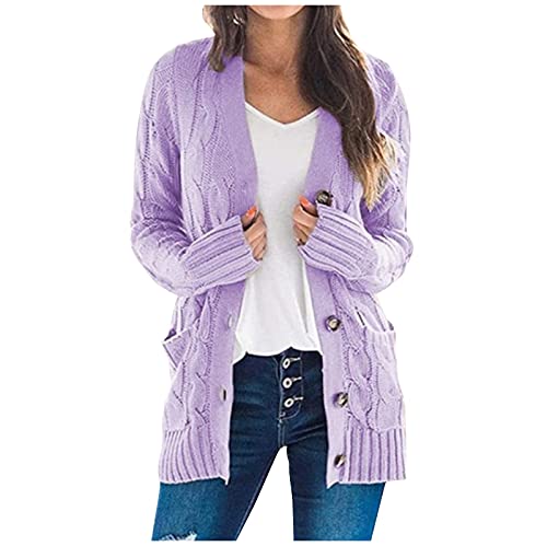 uxxnjfg Cardigan Damen Lang Elegant Strickjacke Damen Lang Strick Oversize Grobstrickjacke Knopfleiste Basic Casual Longstrickjacke Fall Outfits Women Mit Taschen Strickcardigan(Lila,XL) von uxxnjfg