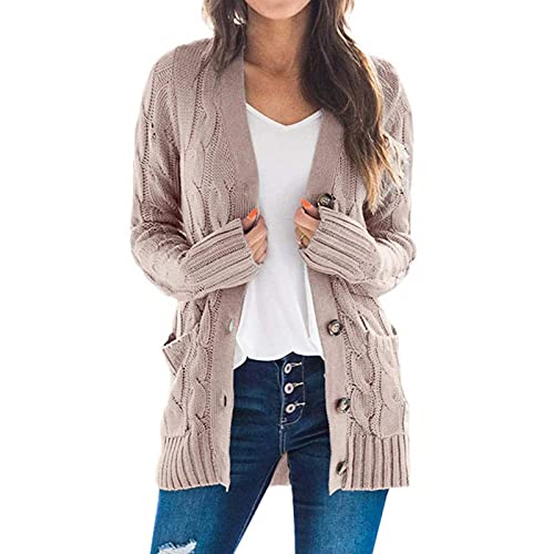uxxnjfg Cardigan Damen Lang Elegant Strickjacken Für Damen Winter Basic Longstrickjacke Open Front Elegante Casual Grobstrickjacke Fall Outfits Women Mit Taschen Strickcardigan(Rosa,L) von uxxnjfg