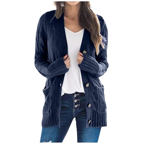 uxxnjfg Cardigan Damen Lang Elegant Strickjacken Für Damen Winter Elegante Grobstrickjacke V Ausschnitt Große Größen Oversize Longstrickjacke Fall Outfits Women Mit Taschen Strickcardigan(Marine,XXL) von uxxnjfg