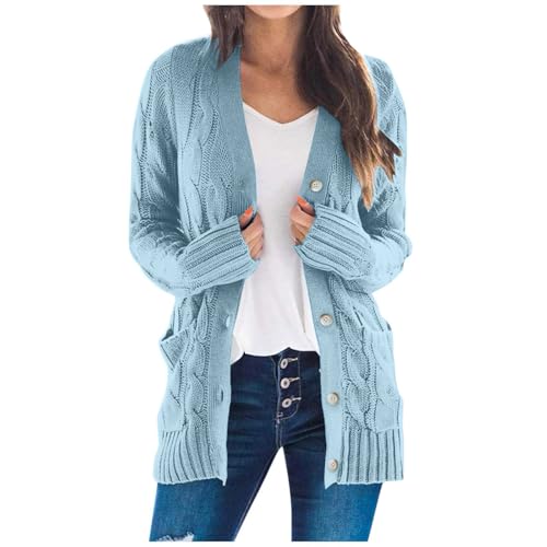 uxxnjfg Cardigan Damen Lang Elegant Strickjacken Für Damen Winter Elegante Grobstrickjacke V Ausschnitt Oversize Große Größen Longstrickjacke Fall Outfits Women Mit Taschen Strickcardigan(Blau,5XL) von uxxnjfg