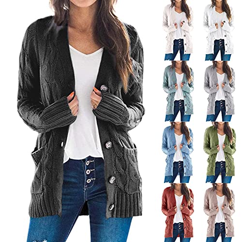 uxxnjfg Cardigan Damen Lang Strick Strickjacken Für Damen Elegant Elegante Grobstrickjacke V Ausschnitt Basic Casual Longstrickjacke Fall Outfits Women Mit Taschen Strickcardigan(Schwarz,M) von uxxnjfg