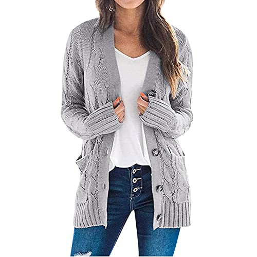 uxxnjfg Cardigan Damen Lang Winter Strickjacken Für Damen Strick Basic Grobstrickjacke Open Front Casual Elegante Longstrickjacke Fall Outfits Women Mit Taschen Strickcardigan(Grau,4XL) von uxxnjfg