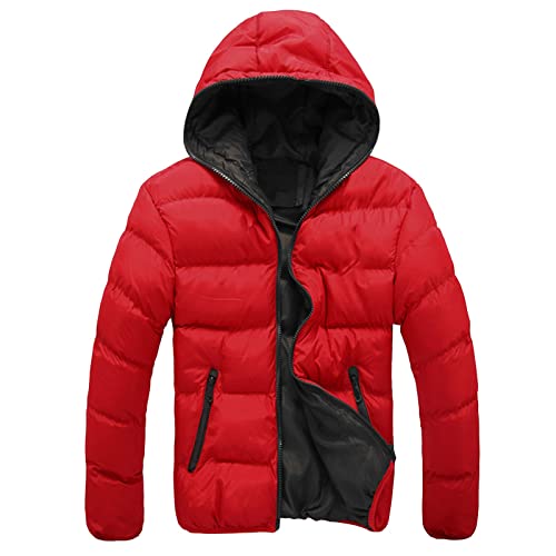 uxxnjfg Daunenjacke Herren Winterjacke mit Kapuze Puffer Jacke Modern Zipper Wärmer Steppjacke Große Größen Basic Parka Männer Jacken Oversize Langarm Jacke Wanderjacke Weihnachts Rot XL von uxxnjfg